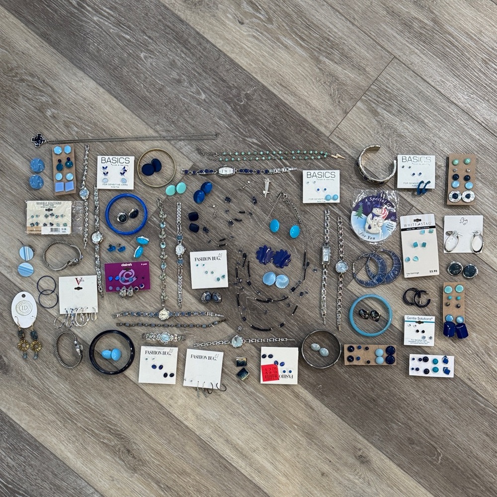 Lot#14 Vintage and New 67 Piece Elegant Blue and Silver Jewelry